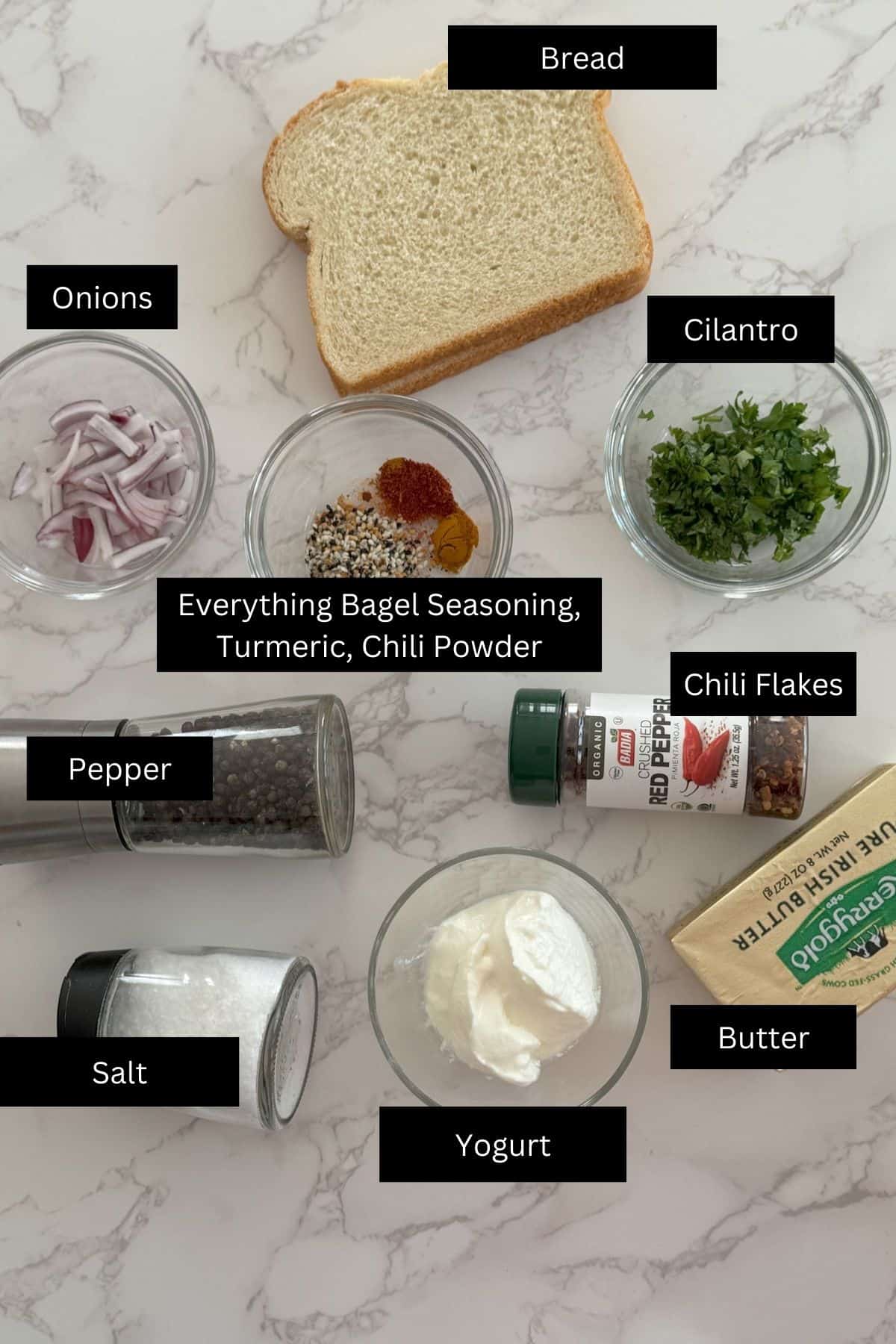 Ingredients needed for savory french toast - labeled in black and white