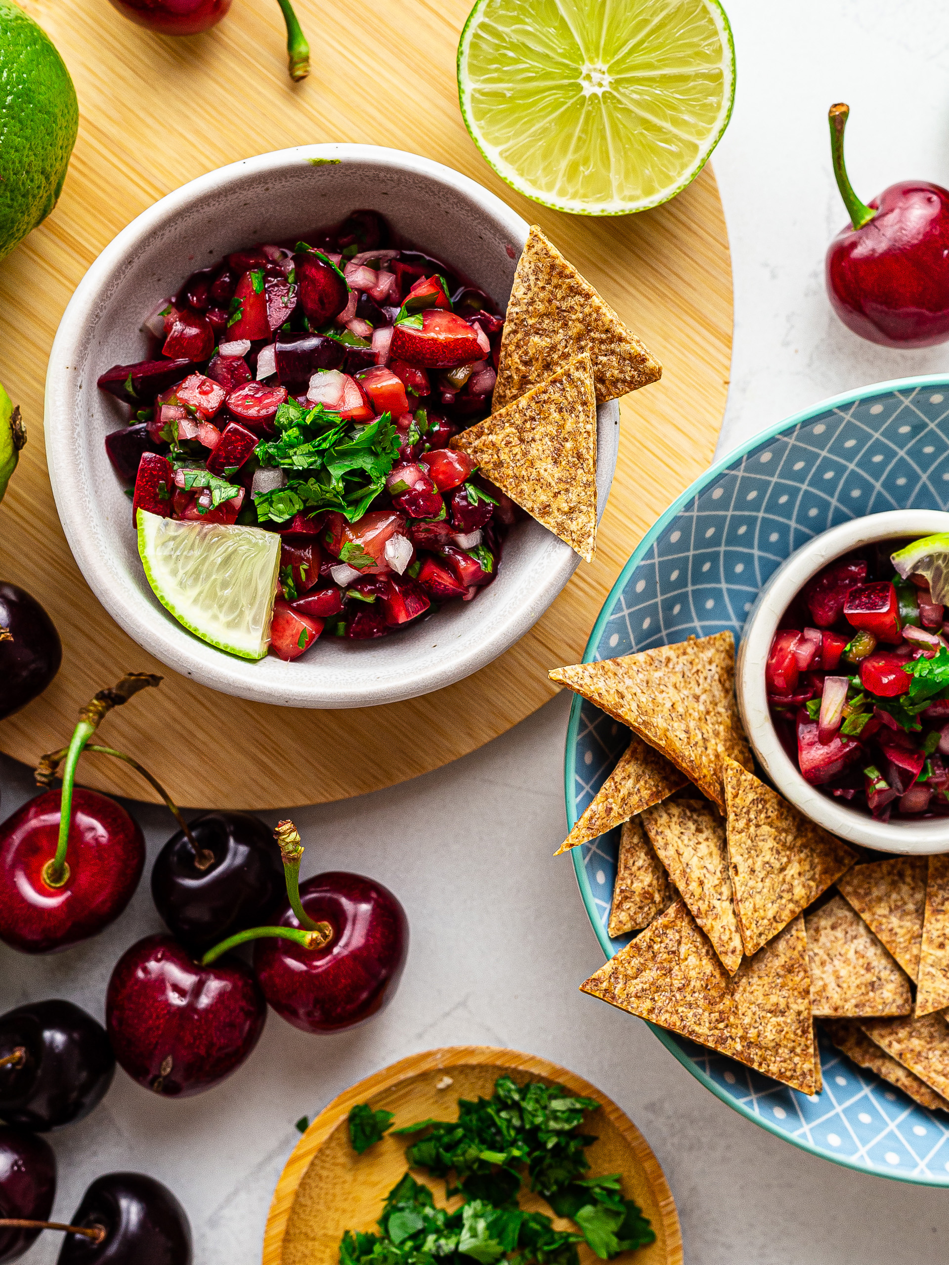 fresh cherry salsa pico de gallo in a bowl with tortilla chips