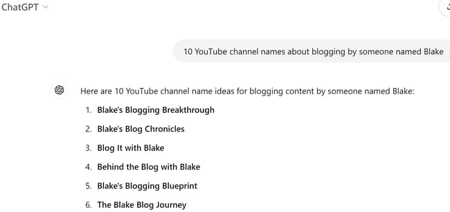 ChatGPT generates 10 YouTube channel names 