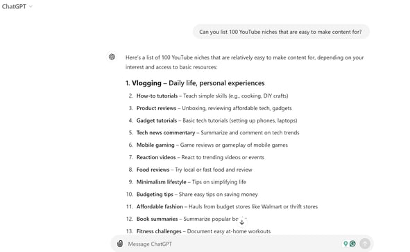ChatGPt generates 100 YouTube niches