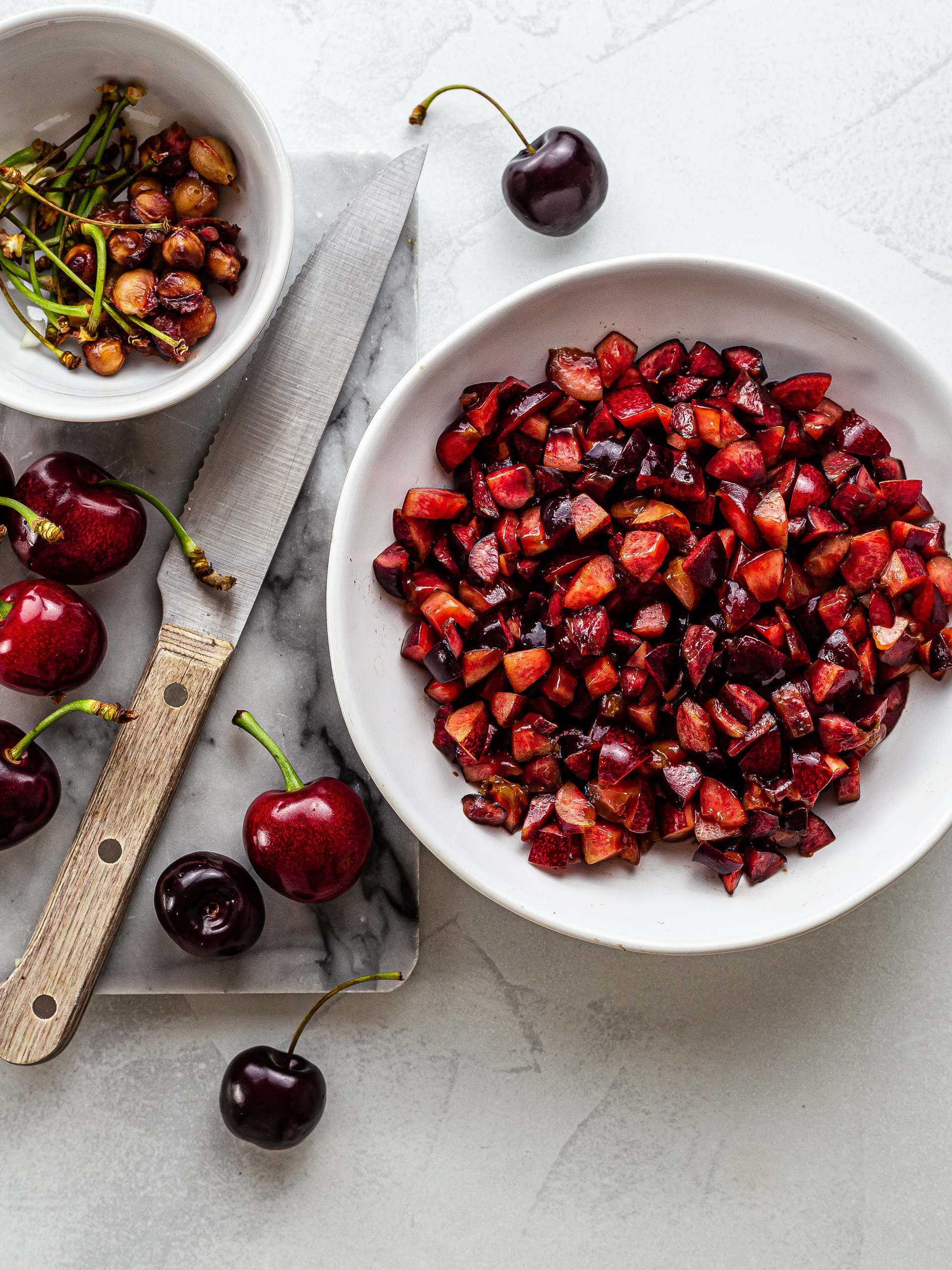 chopped fresh cherries in a bowl