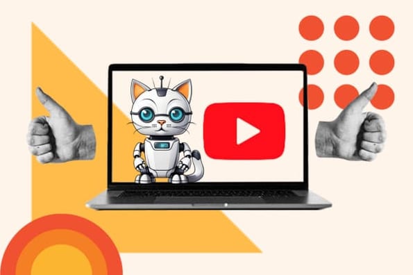 A laptop shows the YouTube logo with an AI generated image of a cat 