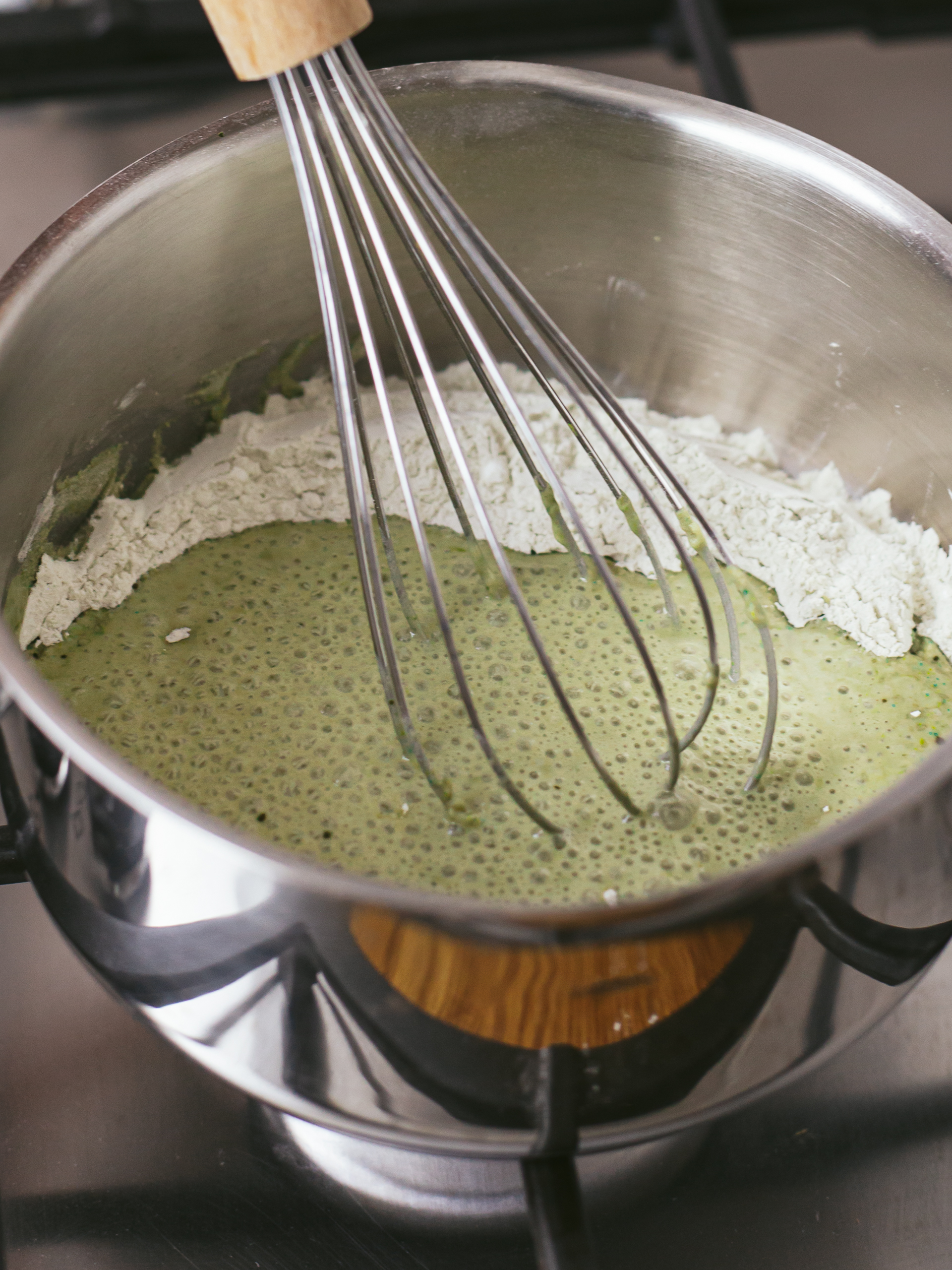 matcha powder mixed with mochi glutinous rice flour for mochi dough