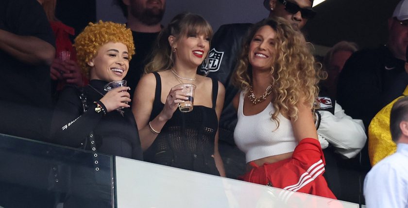 Rapper Ice Spice, singer Taylor Swift and actress Blake Lively react prior to Super Bowl LVIII between the San Francisco 49ers and Kansas City Chiefs at Allegiant Stadium on February 11, 2024 in Las Vegas, Nevada.