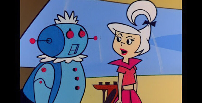 Still from The Jetsons, showing Rosey the Robot conversing with Judy.