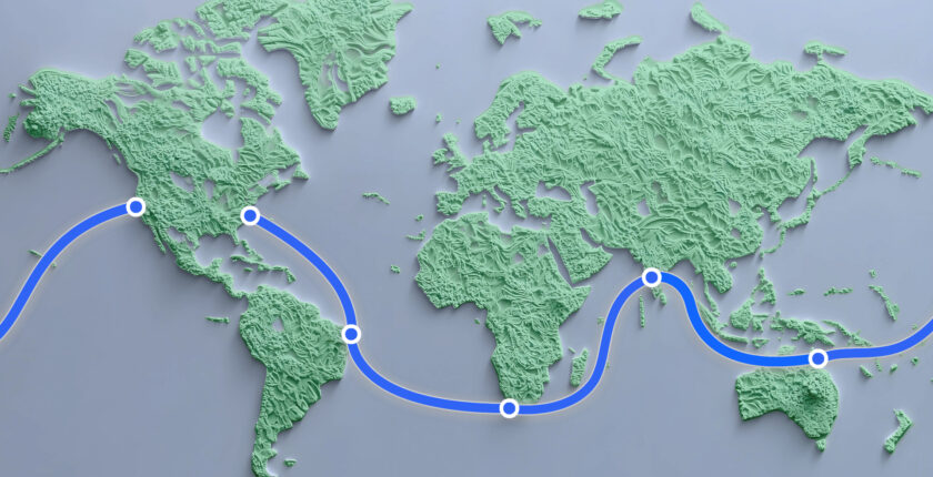 A map of the Project Waterworth cable, with dots on the continents and countries where it touches land.