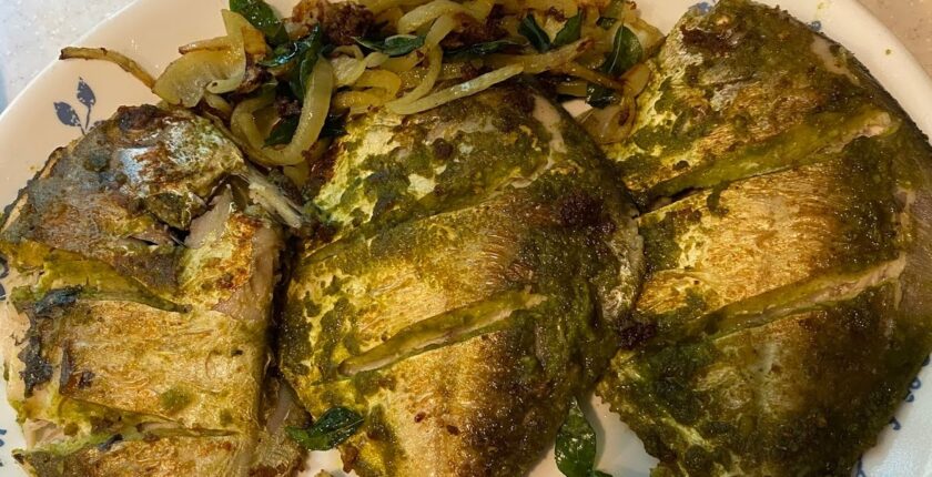 GREEN MASALA WHOLE FRIED POMFRET