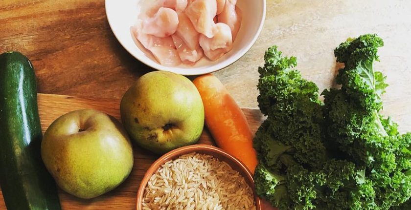 ingredients for chicken, kale and pear bowl